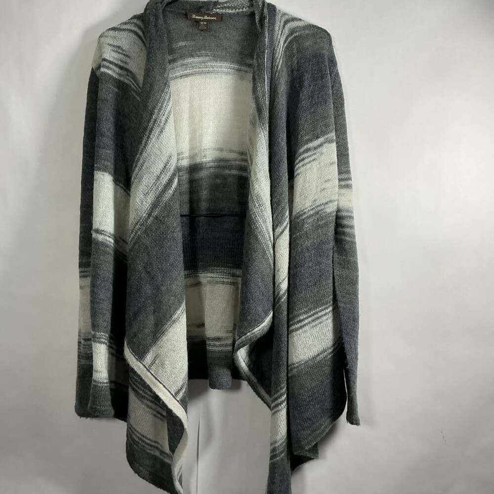 Tommy Bahama Cardigan Sweater Size M Grey White Striped Open Front